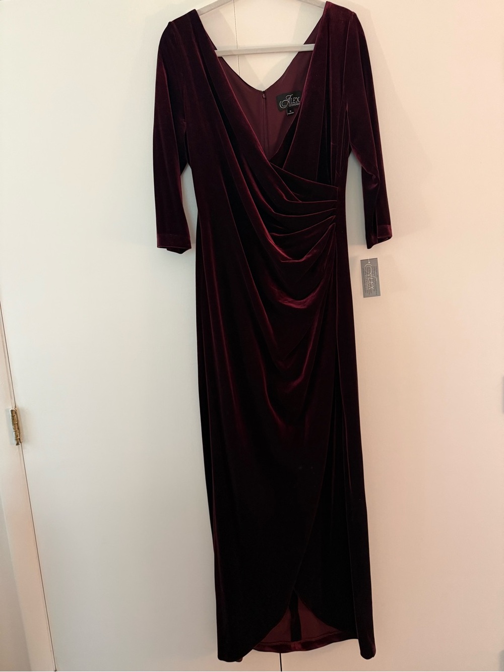 NWT Alex Evenings Burgundy Wine Velvet Draped V-Neck Ruched Evening Dress/ Gown